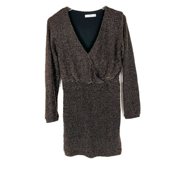MNG Mango Metallic Gold Black Long Sleeve Mini Dress Size XS EUC W2572 - Picture 2 of 13